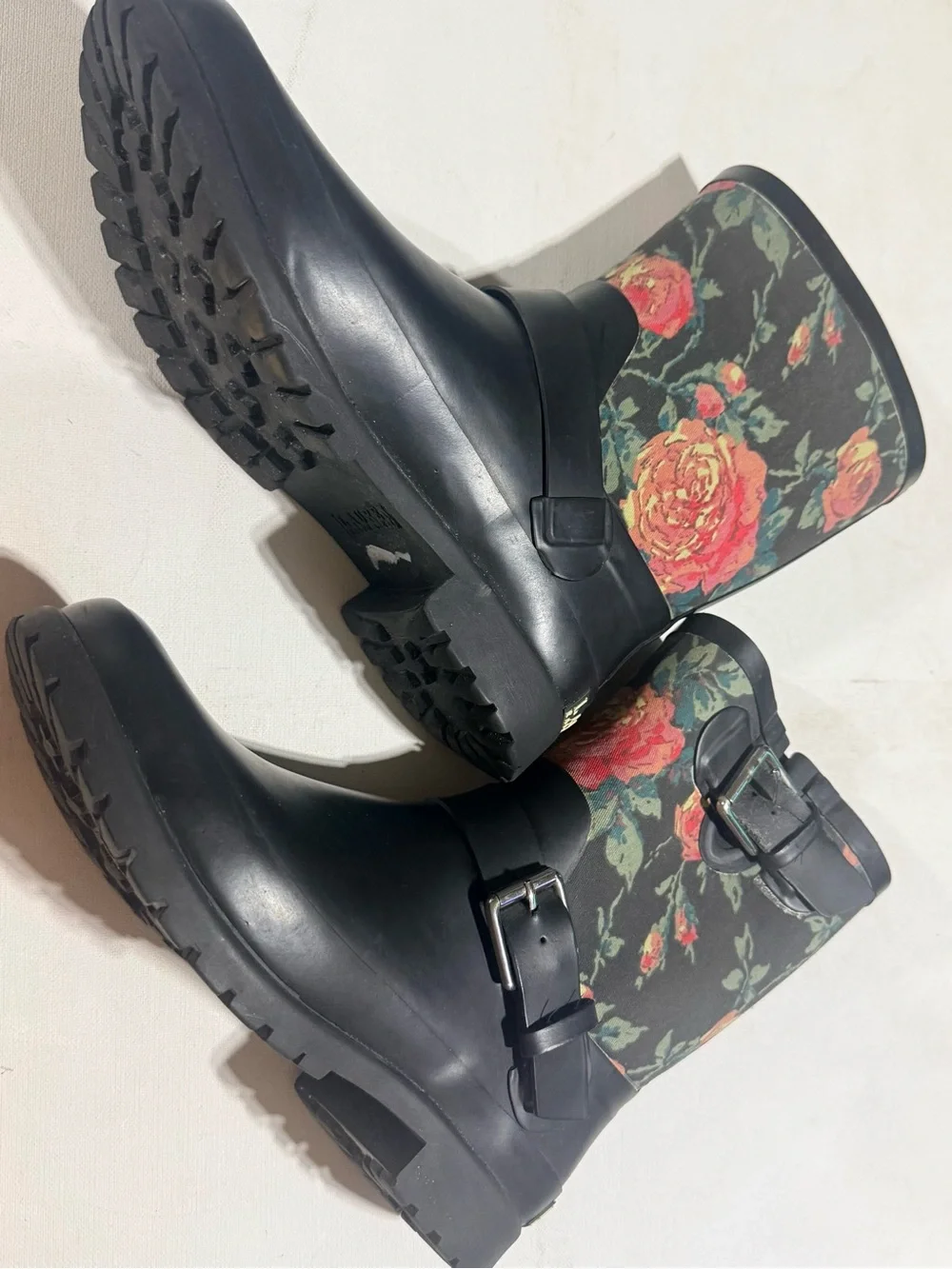 Lauren Ralph Lauren Black Rain Boots with Floral Print Shaft and Buckle Detail